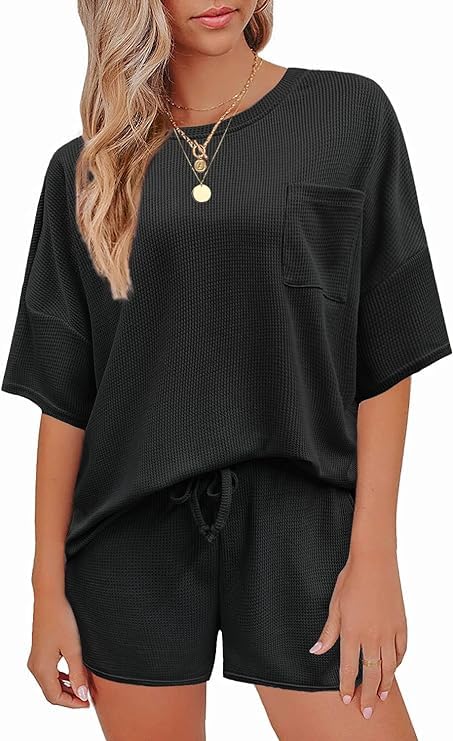 Image of Pajamas Womens Waffle Knit Lounge Set Short Sleeve Top and Shorts 2 Piece Loungewear Outfits Pj Sets with Pockets