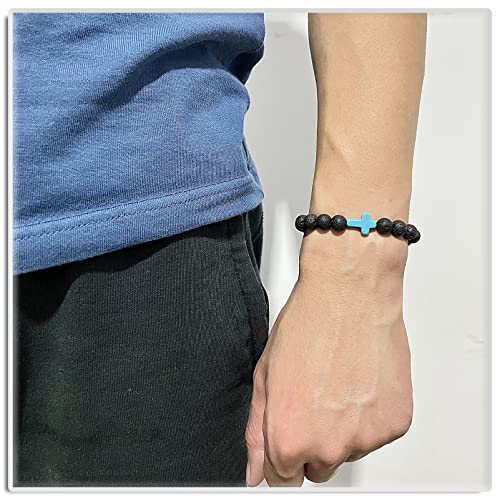 Image of Xusamss Fashion Religious Cross Bracelet 8mm Tiger Eye Turquoise Beads Elastic Bracelet,7 1 /2 wrist
