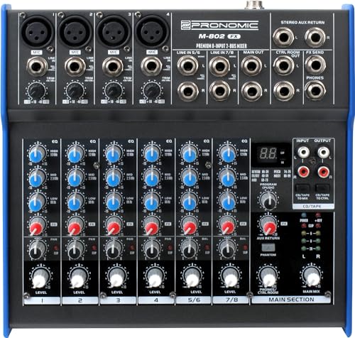 Pronomic M-802FX Live/Studio Mischpult mit digitalem 24bit Multieffektprozessor (4 Mono-Kanäle XLR/Klinke, 2-Stereo Kanäle, 3-Band-EQ, 48V Phantomspeisung)