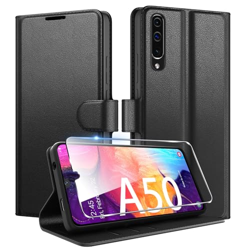 Coiwxmoi für Samsung Galaxy A50 Hülle Mit 1 Stück Panzer Schutz Glas Wallet Premium PU Leder Handyhülle Standfunktion Schutzhülle Kartenfach Stoßfeste Klapphülle Flip Case Cover Schwarz