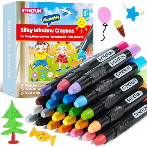 SYNCFUN 24 Pcs Twistable Silky Window Crayons Washable Crayons Glass and Paper Easy to Hold & Quick-Drying Art Supplies Non-Toxic Mess Free Birthday Valentine Easter Gifts for Kids Ages 3+