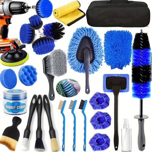 26Pcs Car Detailing Kit, Car Detailing Brush Set, Auto Detailing Drill Brush Set, Car Detailing Brushes, Car Wash Kit, Car Accessories For Men, Car Cleaning Tools Kit for Interior, Exterior, Wheels