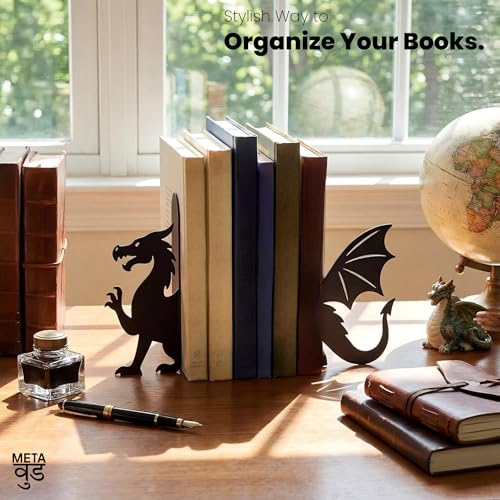 Image of Metal Dragon Bookends Set of 2 - Heavy Duty Metal Bookends for Shelves & Desk, Decorative Dragon Book Holder Stand, Non-Slip Book Organizer for Table, Fantasy Book Ends for Home Office & Gamers