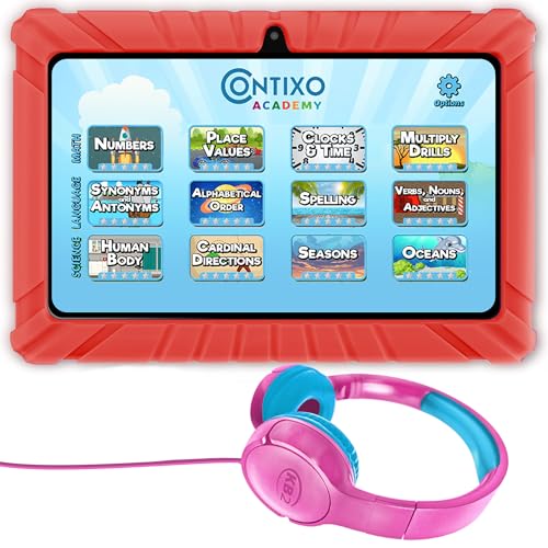 Image of Contixo Kids Tablet Bundle, 7 inch Learning Tablet with Headphones, Red | 7 inch IPS display, 32GB storage, parental controls, wired headphones, durable case, learning apps, ages 3-12.