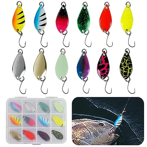 KASESSS 12 Pezzi Esche Artificiali Spinning Trota, 2.5g Esche da Pesca con Gancio, Esca da Pesca Spinning, Cucchiaini Pesca per Trota, Persico Spoon Kit con Scatola, Trout Spoon Kit per Acqua Dolce