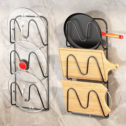 MZTOOL 2 Pack Pot-Lid-Organizer, 6-Tier Pots and Pans Lid-Organizer for Cabinet Door/Wall, No Drilling Adhesive Wall/Door Mounted Rustproof Pot-Lid-Holder for Kitchen Organization