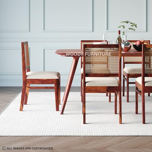 Image of WOODY Furniture Solid Sheesham Wood Dining Table 6 Seater Set | Rattan Six Seater Dinning Table with 6 Cushioned Chairs for Home | Wooden Kitchen Dinner Table 6 Seater| (Honey Finish)