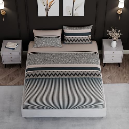 Image of BLISSHOME SoftTouch 150TC Cotton King Size Fitted Bedsheet with 2 Pillow Covers, Silky Smooth Bedding Set, Breathable, Easy Maintain, Geometric Pattern - Light Green (183cm x 198cm + 25cm Drop)