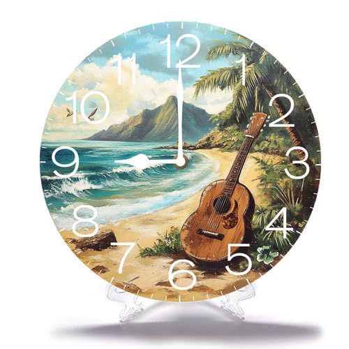 Geroclonup Wood Wall Clocks Beach Guitar Frameless Battery Operated Silent Quartz Alphabet Letters Shabby Chic Clock for Living Room Office Home Kitchen Bathroom 25cm