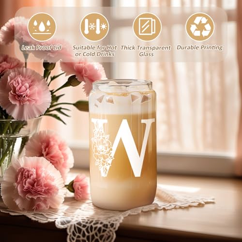 Image of Coolife Initial Glass Cup, Monogrammed Gifts for Women, 16 oz Tumbler w /Lid | Iced Coffee Smoothie Beer Tumbler w /Straw Lid - Personalized Christmas, Birthday Gifts for Woman Her Mom Friend