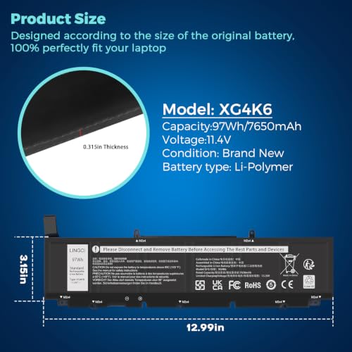 Image of XG4K6 Replacement Battery for Dell Precision 5750 5760 5770 XPS 17 9700 9710 9720 9730 Series Notebook P92F001 P92F002 P92F003 01RR3 F8CPG -11.4V 97Wh