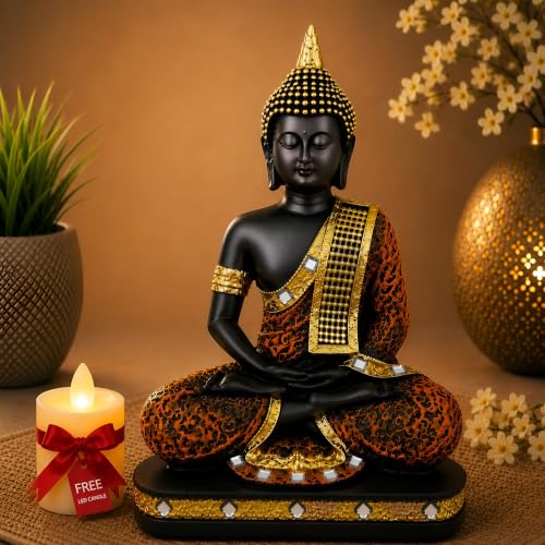 Image of PulGos 23cm Meditating Buddha Idol Statue with Led Candle, Modern Resin Art