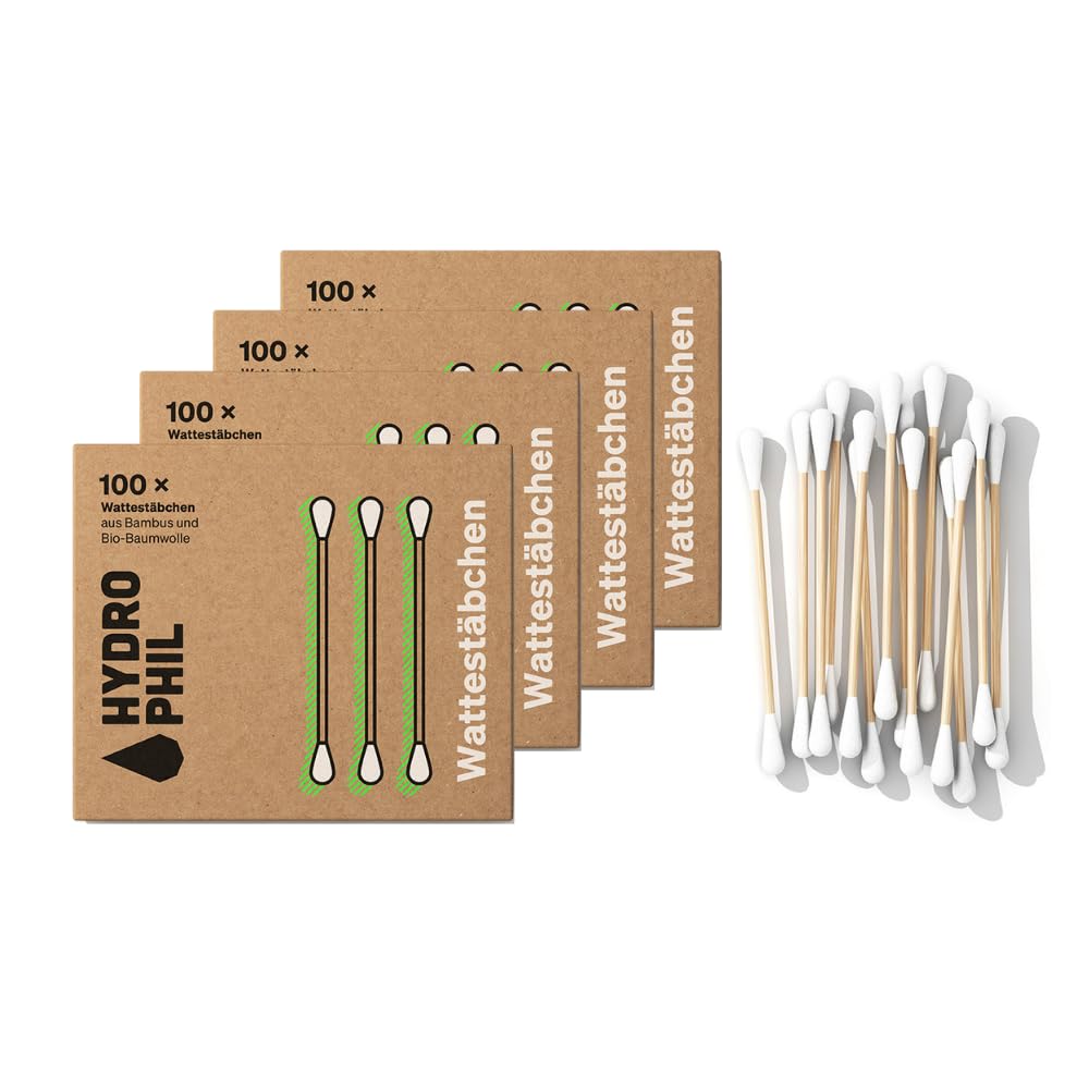 Hydrophil Wattestäbchen aus Bambus - 400 Stück - Nachhaltige Ohrenreiniger ohne Plastik - Nachhaltige Reinigungsstäbchen für Ohrenschmalz-Entfernung und Ohrenreinigung - Q Tips Alternative