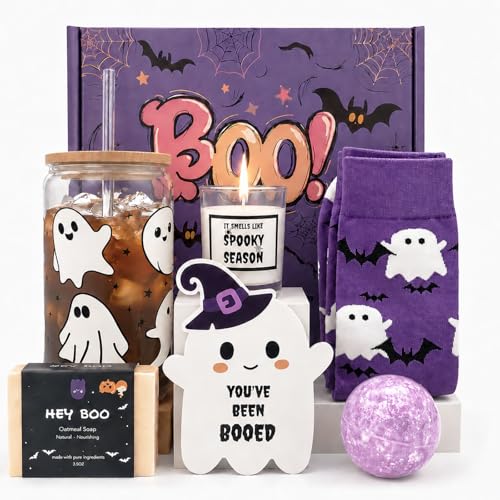 MHSMHL Boo Basket Stuffers for Women, Halloween Gifts for Women, Cute Halloween Boo Basket for Teens Girls Her Sister Friend Adults With Spooky Glass Cups