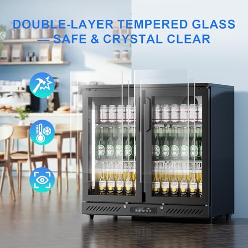 Image of Antarctic Star Beverage Refrigerator Double Door Mini Fridge, Free-standing Display Showcase with Digital Temperature Display and LED Light, Quiet Compressor Small Fridge for Home Bar