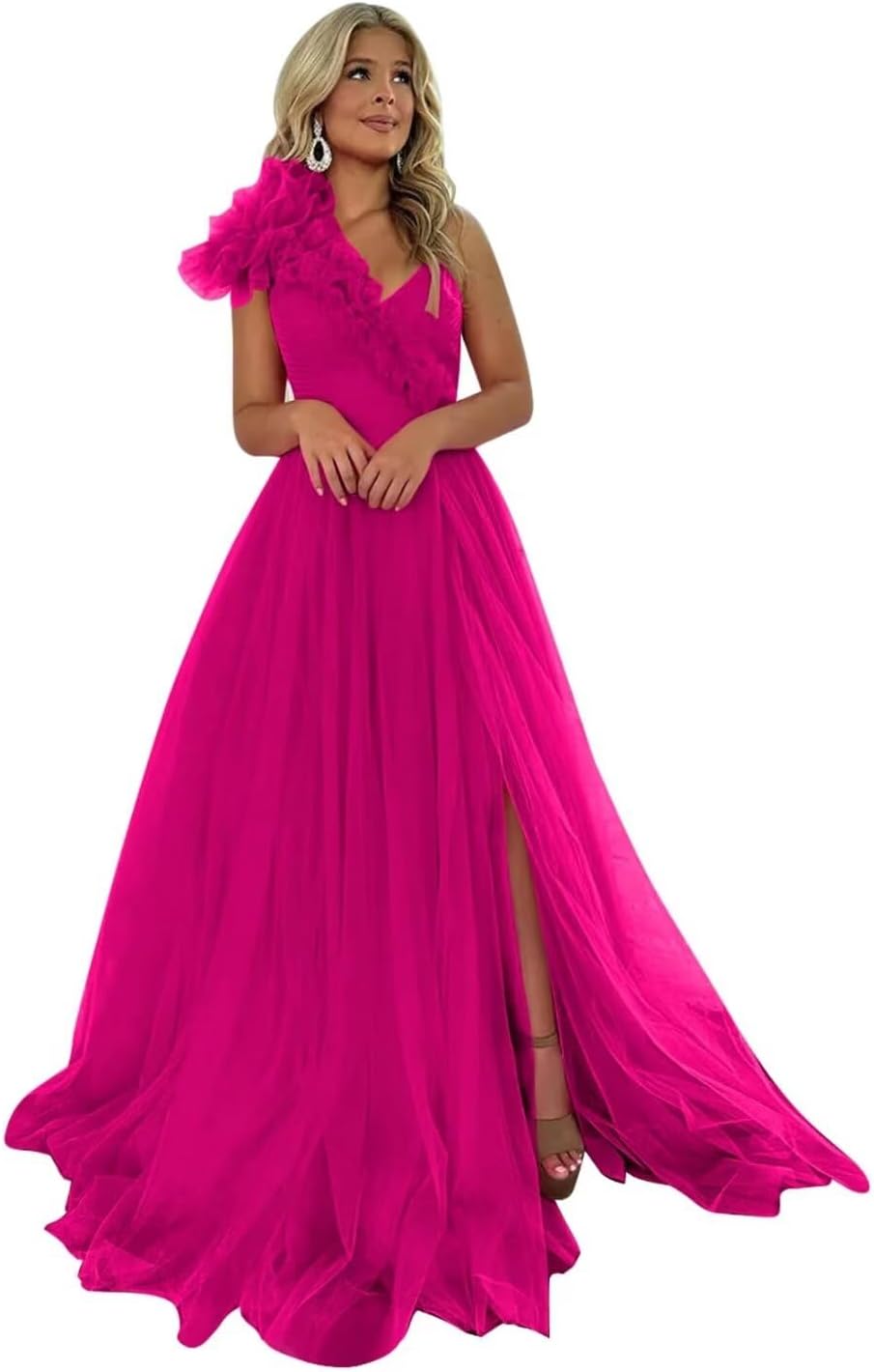 Women's Ruffle One Shoulder Strap Ruched Prom Dress Tulle Lace up Long Formal Puffy Evening Cocktail Gowns with Slit