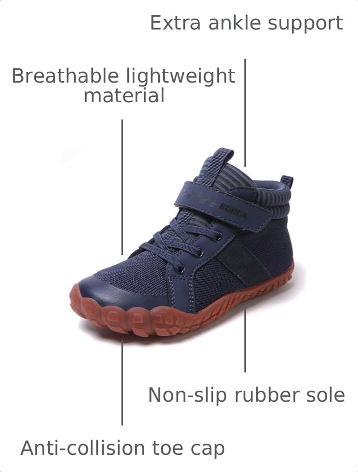 Image of KUBUA Kids High Top Barefoot Shoes Boys Girls Minimalist Zero Drop Sneakers | Wide Toe Box, Padded Collar for Ankle Support, Non-Slip, Hiking, Tennis, Walking, School, Wrestling, Gym, Little Kid, Big Kid