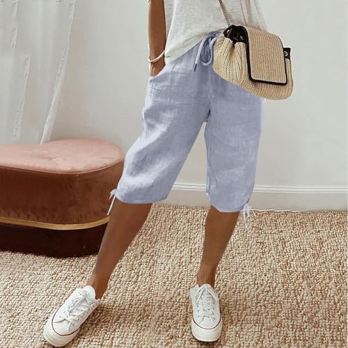 Linen Capri Joggers Womens Casual Knee Length Bermuda Shorts Elastic Waist Vacation Yoga Beach Capris with Pockets2