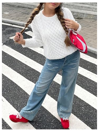 SHENHE Girl's Cable Knit Sweater Oversized Crew Neck Long Sleeve Fall Knit Sweater Pullover3