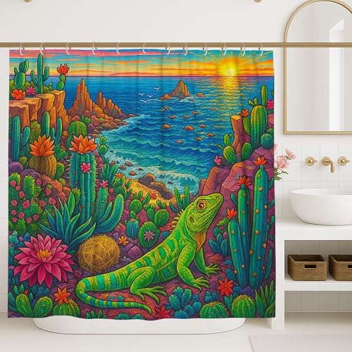 Duschvorhang mit Sonnenuntergang in der Wüste, lebendiger Kaktus, Leguan-Szene, Badevorhänge für Badezimmer, Sommer, tropisch, Südwesten, bunt, wasserdicht, Stoff, Duschvorhang-Set mit Haken, 137 x Duschvorhang mit Sonnenuntergang in der Wüste, lebendiger Kaktus, Leguan-Szene, Badevorhänge für Badezimmer, Sommer, tropisch, Südwesten, bunt, wasserdicht, Stoff, Duschvorhang-Set mit Haken, 137 x