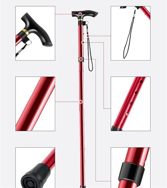 Adjustable Cane, Aluminum Metal Portable Crutches, Collapsible Lightweight Durable Walking Cane with Comfortable Grip,Red