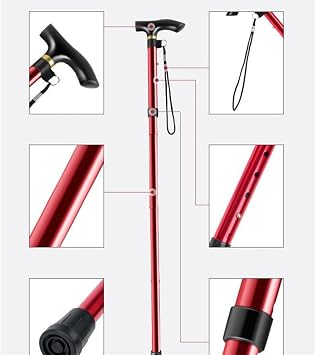 Adjustable Cane, Aluminum Metal Portable Crutches, Collapsible Lightweight Durable Walking Cane with Comfortable Grip,Red