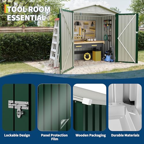 6x4 FT Outdoor Storage Shed, Heavy-Duty Metal Garden Shed with Lockable Double Doors & Gable Roof, Waterproof Tool Storage Unit for Patio, Backyard, Lawn,182x107x182 CM, Green - Image 3