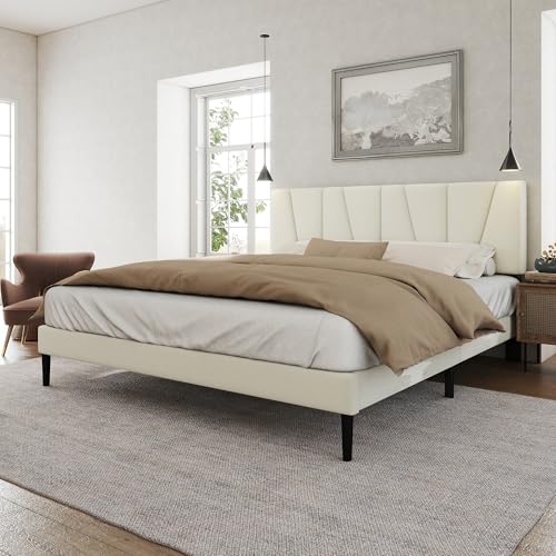 Queen Size Bed Frame with Fabric Upholstered Headboard, Platform Bed with Wooden Slats Support, Fully Mattress Foundation, Box Spring Optional, Easy Assembly