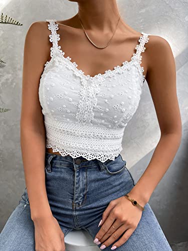 Romwe Women's Lace V Neck Eyelet Embroidery Crop Cami Top Shirred Sleeveless Bralette Tops Wihte M #TOP3