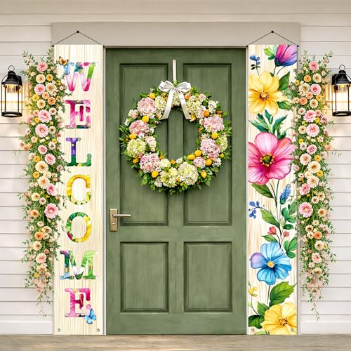 Image of Hometitute 2 Pcs Spring Summer Welcome Floral Porch Banners Butterfly Flower Hanging Flag Porch Sign for Front Door Wall Porch Banners Vintage Spring Decorations Seasonal For Yard Indoor Outdoor Decorations