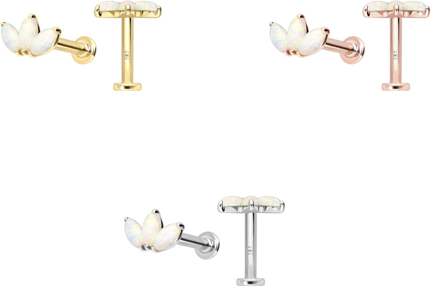 PIERCINGLINE Piercing Stecker 14 Gold Labret mit Innengewinde LOTUSBLÜTE + SYNTHETISCHE OPALE 585er Gold - Roségoldfarben, Goldfarben, Silberfarben