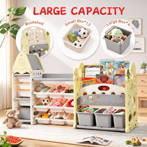 Image of Kids Toy Organizer with Bookshelf for Home 3 in 1 Storage Rack for Toddler Playroom Organizer Montessori Book Shelf Kids Toys Organiser for Space Saving Storage Bins for Children-Green