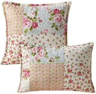 Prime Linens Luxury Quilted Patchwork Bedspread Bed Throw 3 Piece Bedding Set Includes Comforter & 2 Pillow Shams Floral Design Coverlet Embroidered (Meadow, Cushion Cover 43x43Cm)