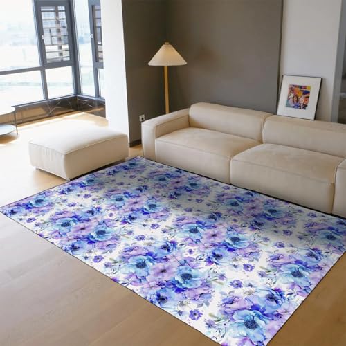 Tapis personnalisé lavable pour table basse fleurs bleu violet 90x150 - 2