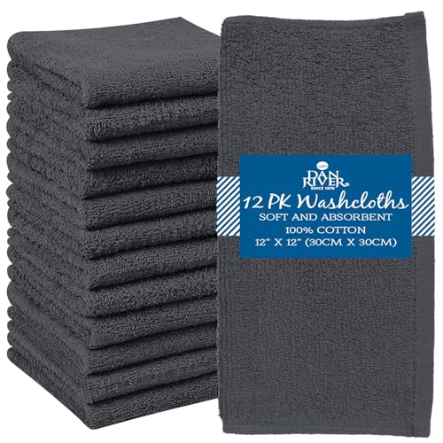 Image of DAN RIVER 12 Pack Wash Cloths for Showering [12x12] - 100% Cotton Washcloths Premium Quality Flannel Face Cloths for Bathroom, Highly Absorbent and Soft Feel Wash Clothes, Charcoal