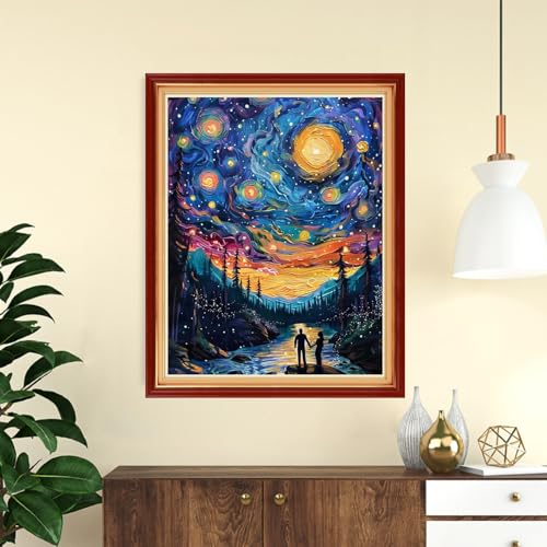Image of Funchey Stamped Cross Stitch Kits, DIY Cross Stitch Pattern for Adults Beginners Needlepoint Kits Embroidery Kit Arts and Crafts 11CT-Romantic Couples Under the Starry Sky 16x20 inch