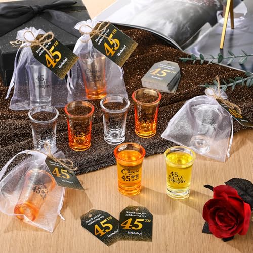 Skybooly 50 Sets Birthday Party Favors for Guests Souvenir Short Glasses Acrylic Clear Shot Glasses Thank You Tags with Organza Bags Twine for Anniversary Wedding Shower(Cheers to 45 Years) by Skybooly - Used condition - Image 5
