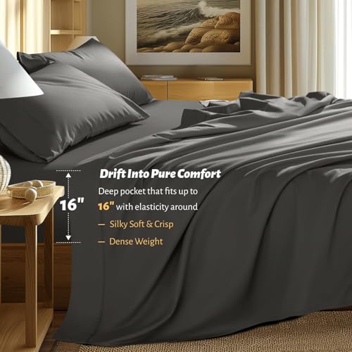 Shilucheng 100% Egyptian Cotton King Size Sheets Set - 1000 Thread Count,Luxury Cotton Bed Sheets,Breathable & Cooling Bedding and Pillow Cases, 16 Inch Deep Pocket - 6 Piece (Dark Grey, King)