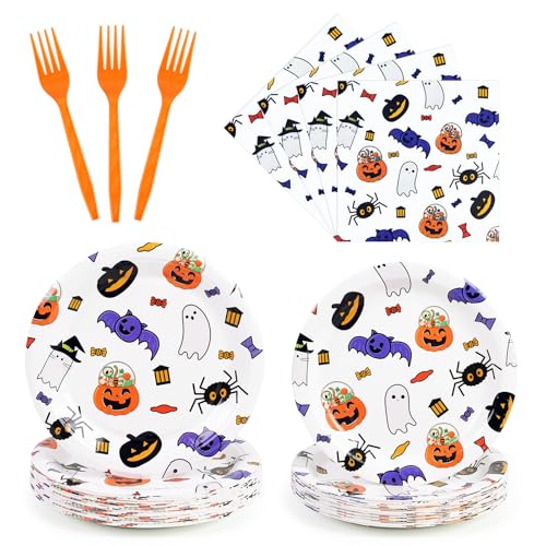Puevenyi 96Pcs Happy Halloween Paper Plates And Napkins Set, Halloween Theme Party Decorations Set Include Paper Plates cover