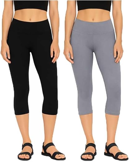 BRAND FLEX Women’s 3/4th Slim Fit Mid Waist Stretchable Capri Pants for Women &amp; Girls Black, Grey (Pack of 2)