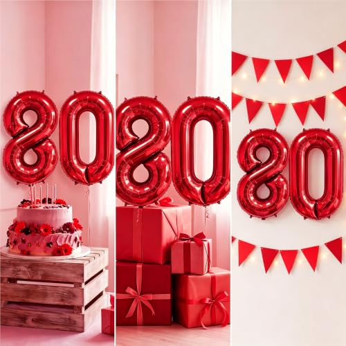 Image of Number Balloons Red Party Balloon - 40 Inch Large Number 80 Balloon, Numbers Balloon Birthday Decorations, Red Party Supplies for Anniversary