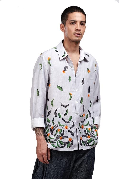 Satya Paul Grey Moon Linen Casual Men Printed Shirt
