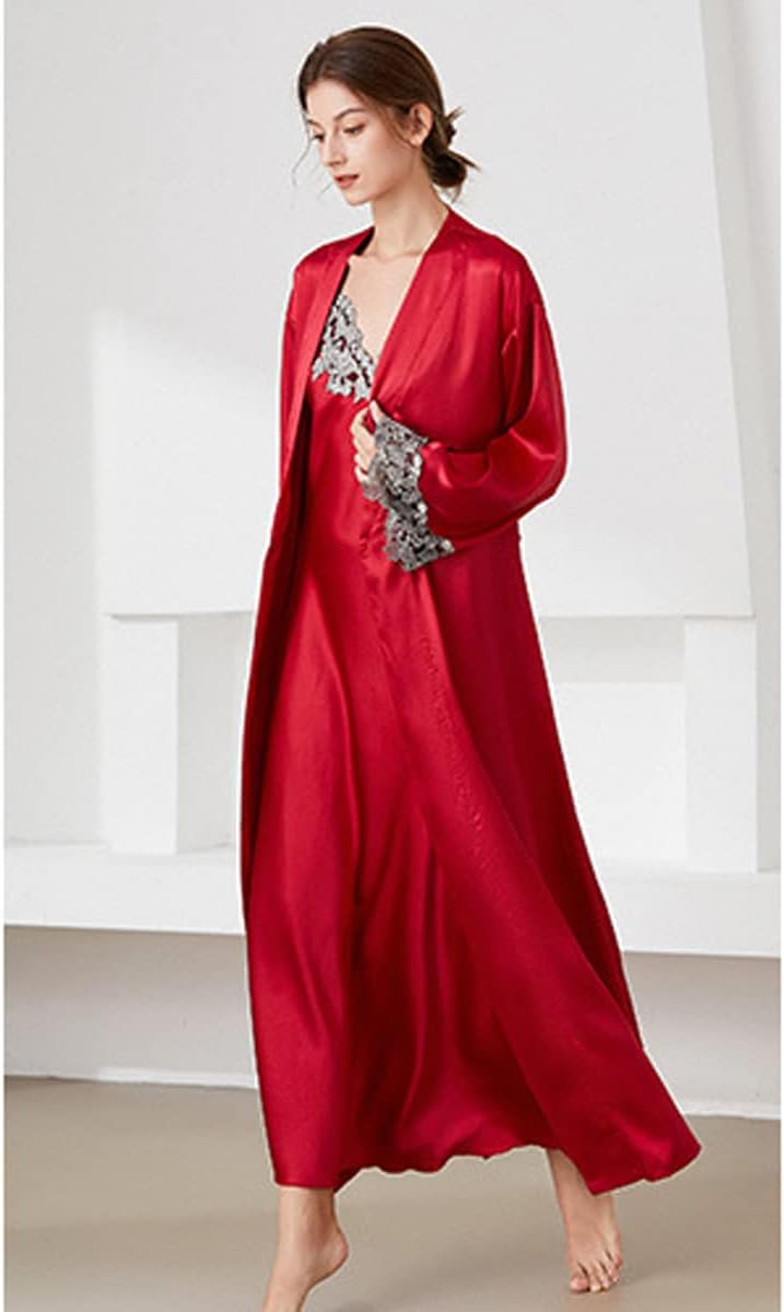 ASHER FASHION 2 Piece Women Satin Nightgowns and Robe Set Sexy Lace Silk Slip Dress Long Chemise Nightdress Sleepwear - Image 2