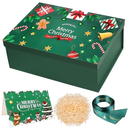 Large Gift Box with Lids Christmas 29x21x10.5cm Green Christmas Eve Box for Kids Adults Present Boxes with Ribbon Card Large Reusable Luxury Storage Box for Xmas Holiday Gifts Packaging