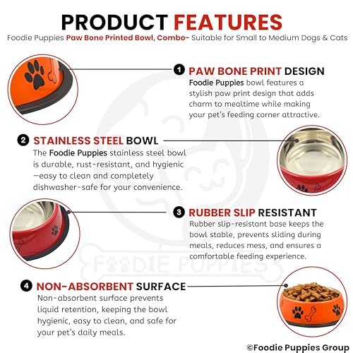 Image of Foodie Puppies Stainless Steel Dog Bowl Combo - (Medium, 700ml) Food and Water Feeding Gift Bowl | Suitable for Dogs, Cats and Other Pets I Paw Bone Print, Anti-Skid Rubber Base (Red + Orange)