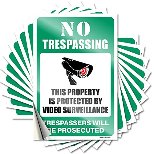 Calcomanías para coches con texto en inglés 'No Trespassing - This Property is Protected by Video Surveillance', 10 unidades de calcomanías y calcomanías pequeñas (12 x 18 cm)