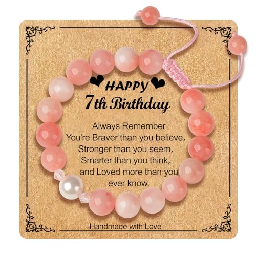 7 Year Old Girl Gifts,Pink Stone Bracelet as Birthday Gifts for 7 Year Old Girls Granddaughter Daughter Niece,7th Birthday Gifts for Girls Adjustable Length Pearl Bracelet for Seven Year Old Girl