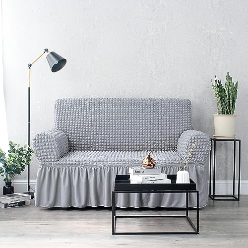 Image of House of Quirk Turkish Bubble Frill Five Seater 3 + 2 Sofa Slipcovers 280 GSM, Durable Washable Universal Triple Seater High Elastic Furniture Protector (Smoke)