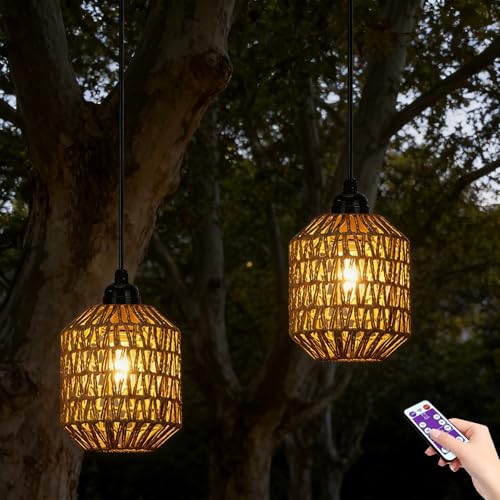 DAZZTIME Lampe Hängend 2 Stück Pendelleuchte Rattan Hängelampe Rattan Outdoor Hängelampe Hängeleuchte Rattan Mit Fernbedienung für Patio Bar Garten Terrasse Wohnzimmer Schlafzimmer
