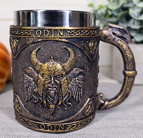 Ebros Gift Nordische Mythologie, Wikinger, Gott Odin Alfather, Kaffeetasse, 370 ml, Kunstharz, Trinkbecher, Bierkrug mit Edelstahl-Einsatz für Küche, Heimdekoration, Party, Hosting Zubehör
